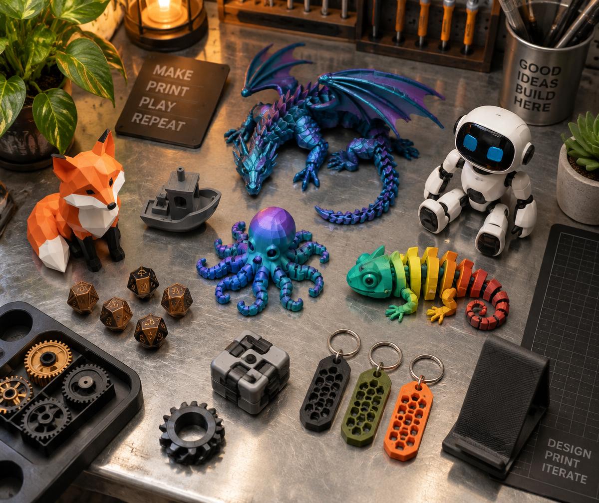 Colorful 3D printed minis and gadgets on a workbench